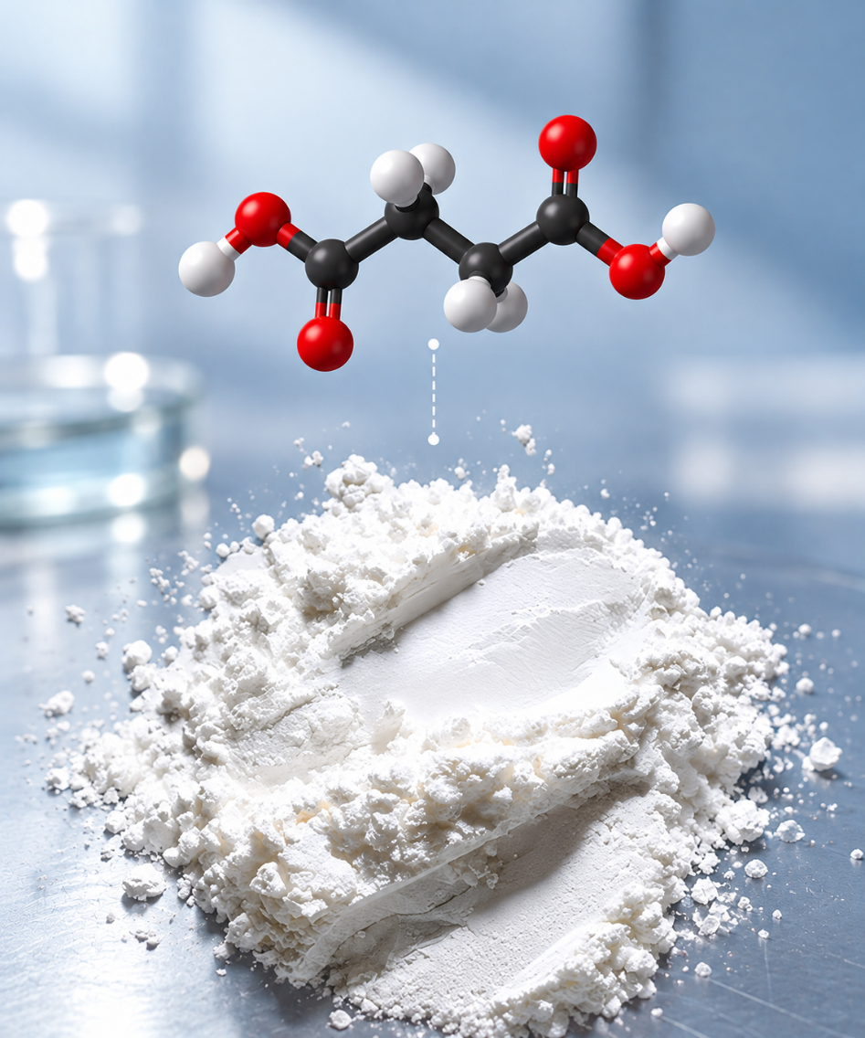 Succinic Acid dạng bột tinh thể trắng với mô hình phân tử